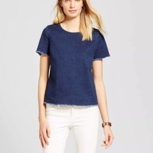 MeronaL Denim Frayed Short Sleeve Top